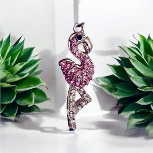 Barbiecore Pink Flamingo Rhinestone Pendant Necklace Silver Barbie